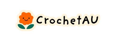 A stylized logo reading 'CrochetAU' on a white background, featuring an orange flower with green leaves and a cream outline next to black handwritten-style lettering.