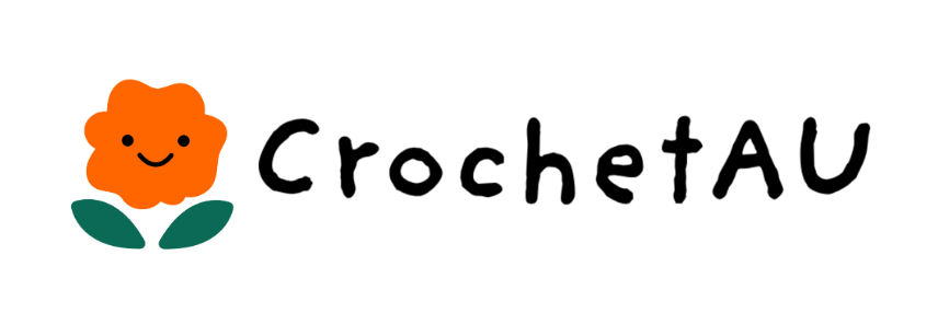 CrochetAU logo featuring a smiling orange flower with green leaves next to the brand name in black handwritten-style font on a white background.