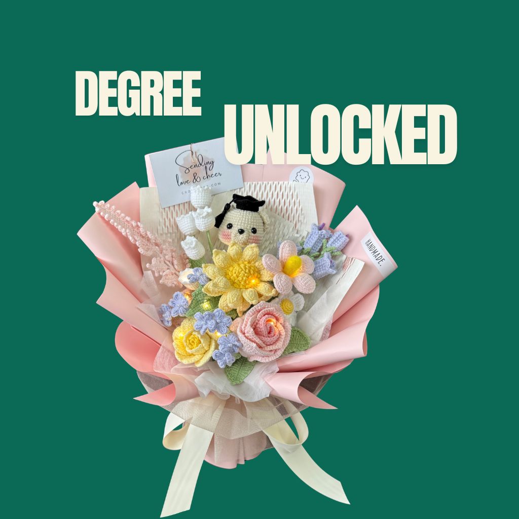 Decorative bouquet with flowers and a small figure on a green background with 'Degree Unlocked' text.